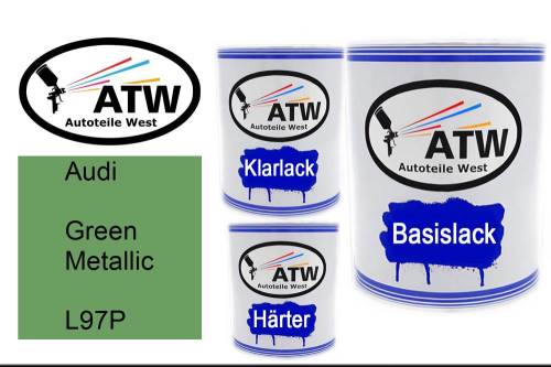 Audi, Green Metallic, L97P: 1L Lackdose + 1L Klarlack + 500ml Härter - Set, von ATW Autoteile West.